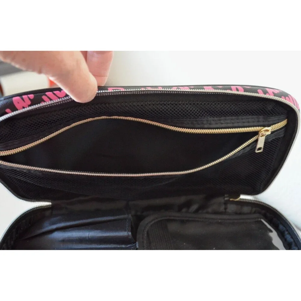 Juicy Couture Pink Black Cosmetic Makeup Bag Train Case 2 Zipper Compartments
